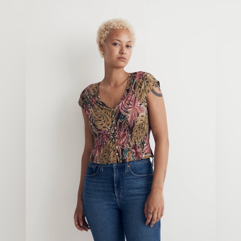 MADEWELL Shirred Cap-Sleeve Top in Brushstroke Monstera Dark Coffee Large